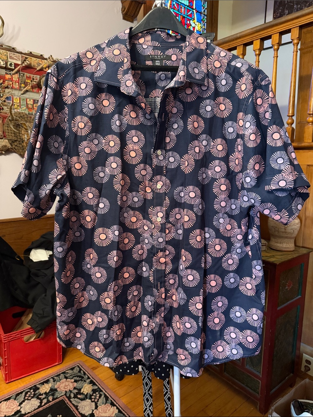 Synergy Men's Navy Short-Sleeve Button-Up Shirt with Pink Floral Print